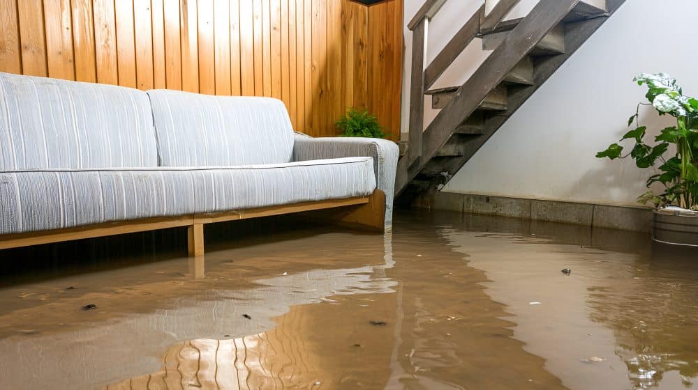 Flooded room showing the effects of an under-slab water leak