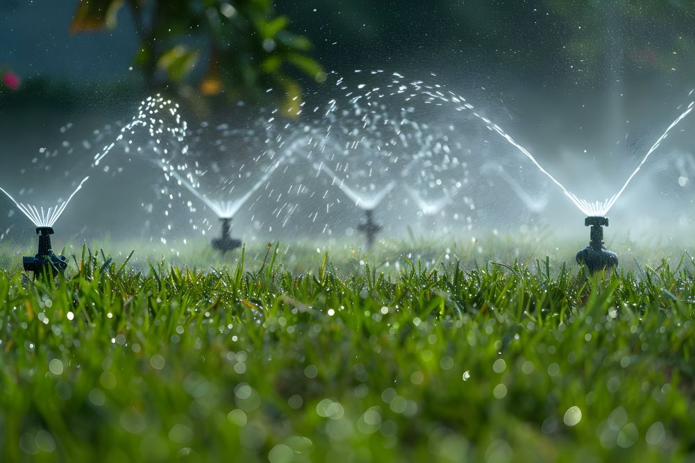 Sprinklers watering a healthy green garden lawn