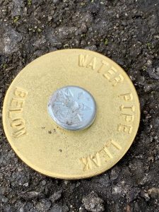 Underground PVC water pipe leak marked for repair