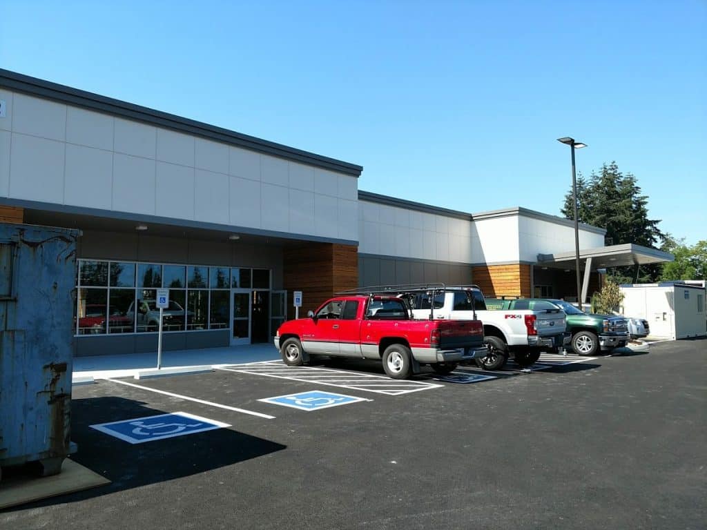 Building exterior showing about two thirds of the building's overall size
