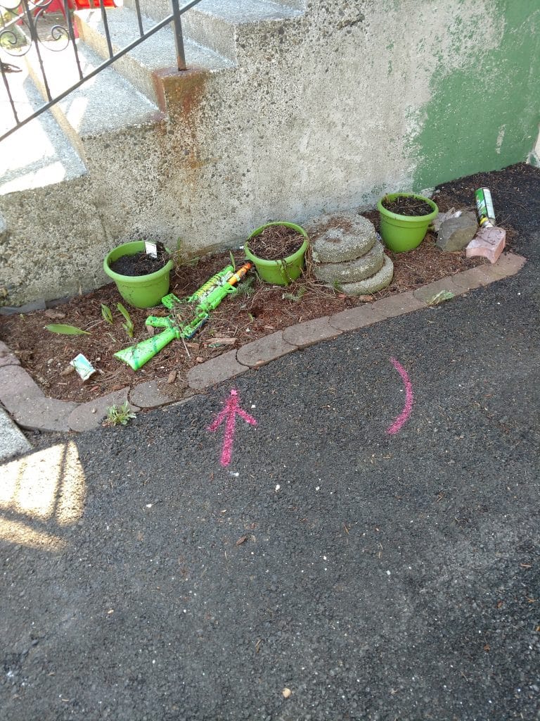Pink chalk markings on driveway showing located pipe path near a garden bed