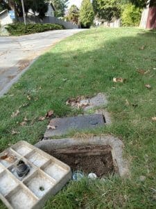 Residential water meter box and marked lawn area