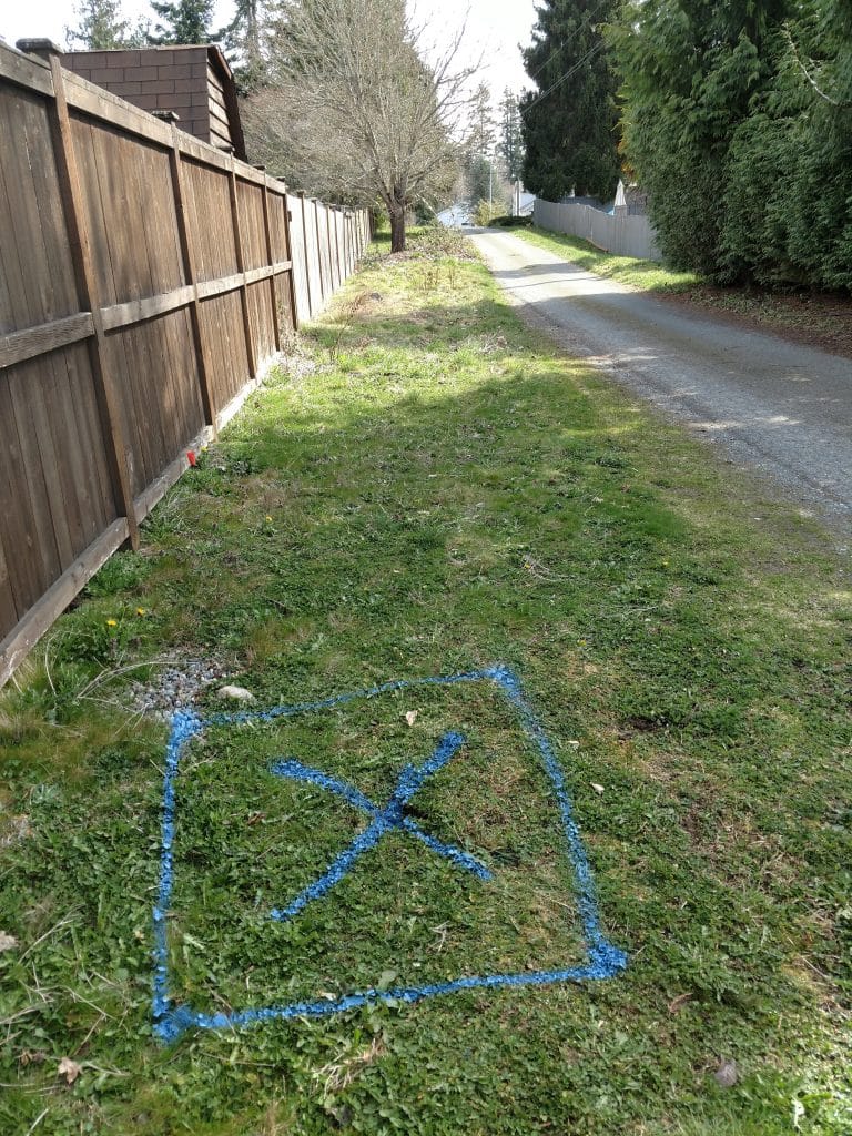 Blue markings identifying a located underground water pipe along a residential property