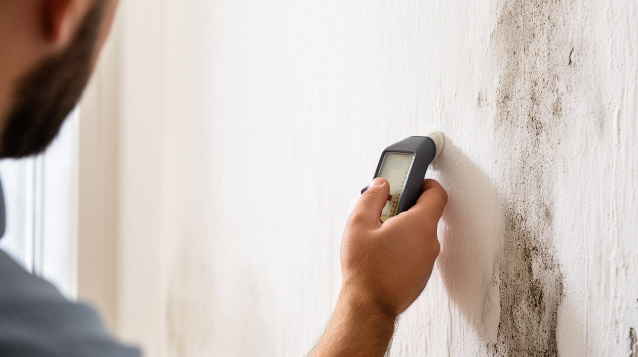 Technician using a moisture meter to detect water damage in a wall