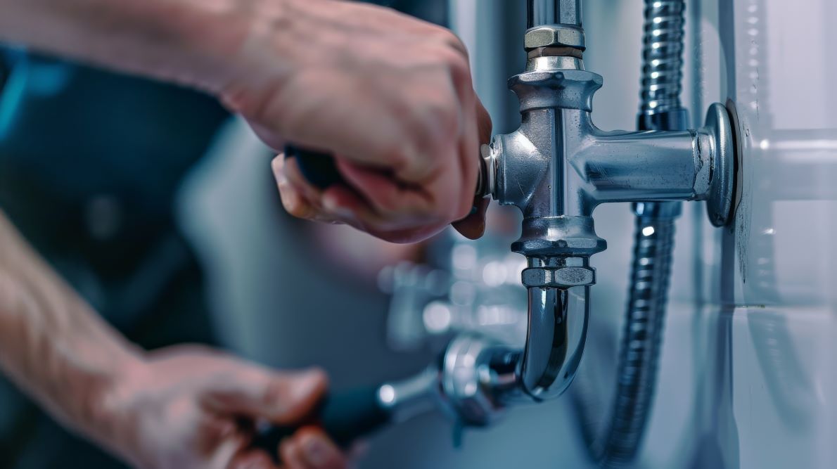 Plumber tightening water pipe connections to stop a leak